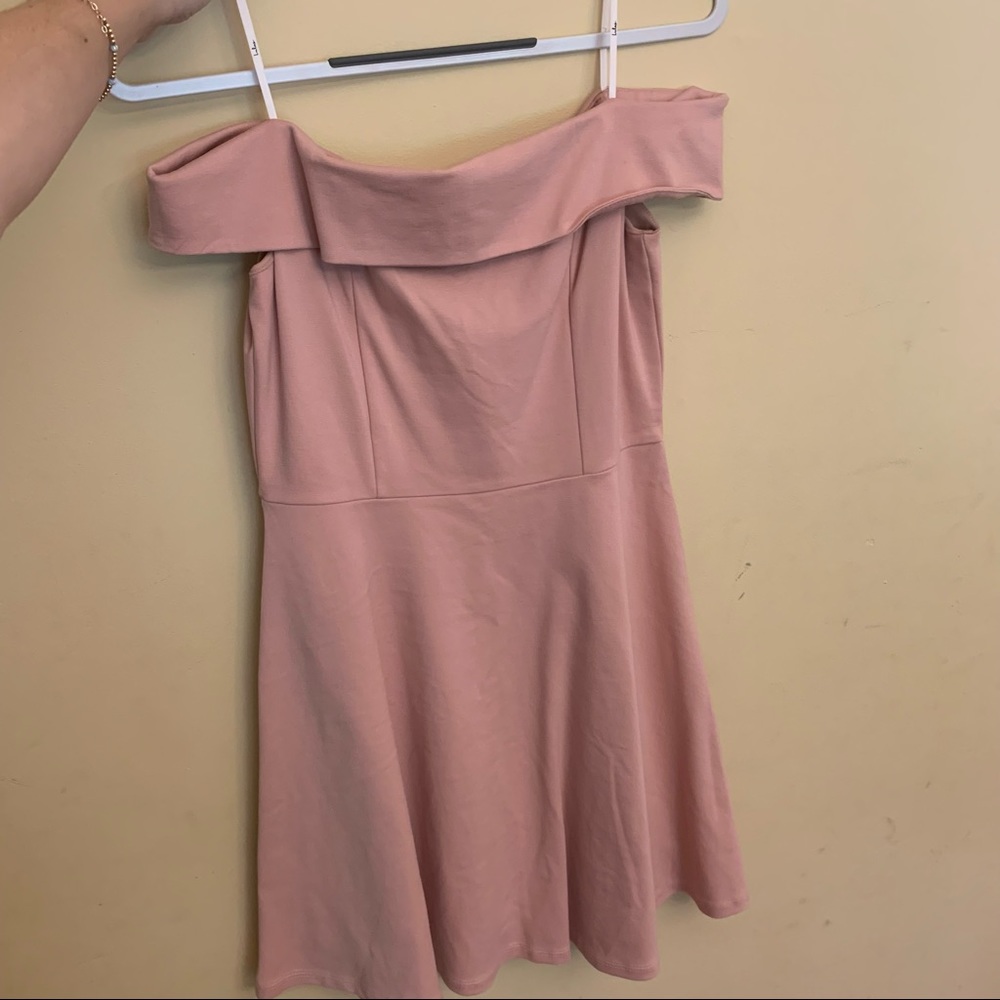 Light pink, off the shoulder dress from Lulu’s
